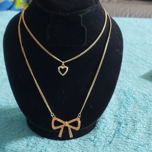 Bow and Heart Gold Layering Necklace NWT